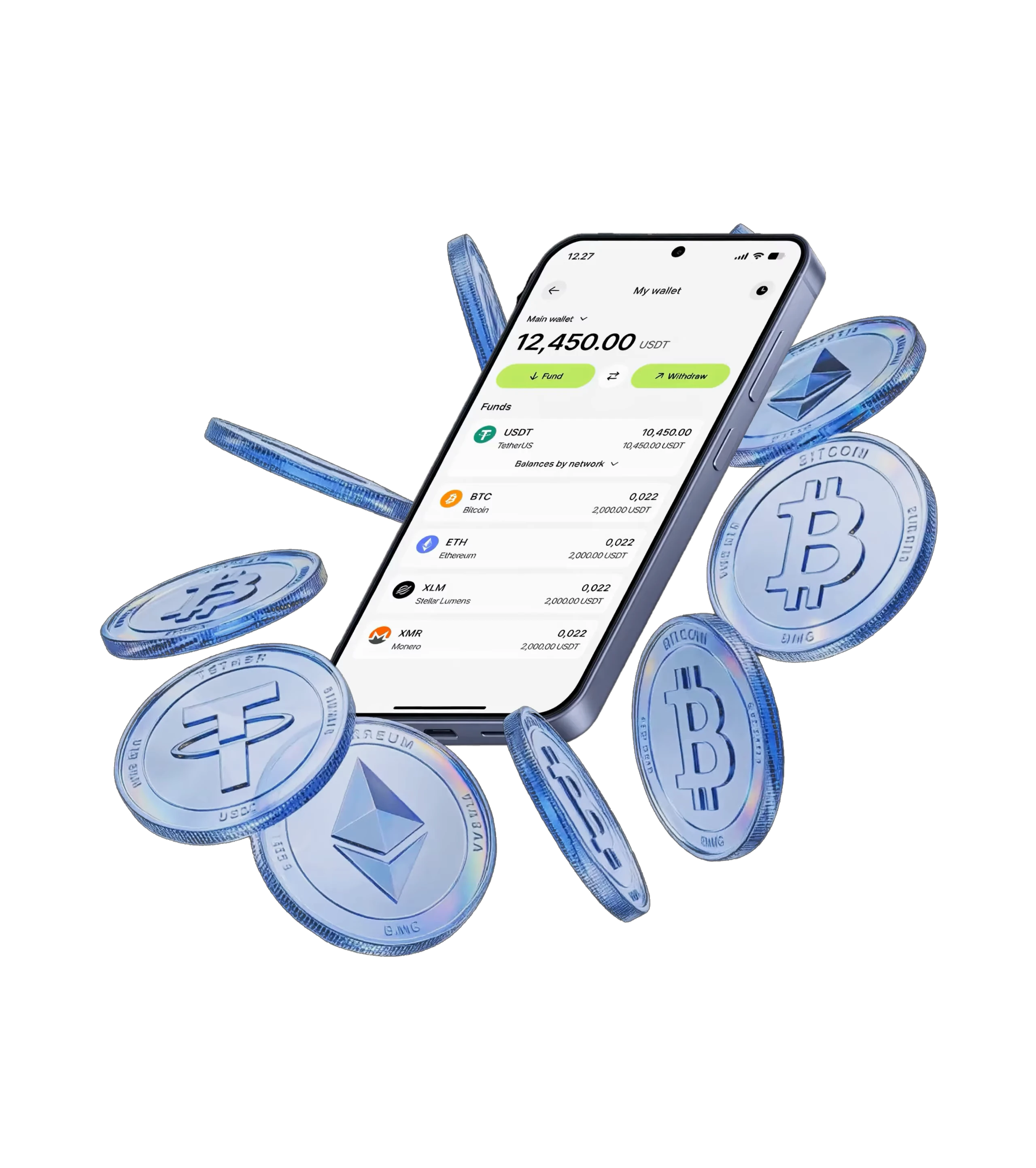 Fundscrow buy-crypto interface with floating crystal cubes