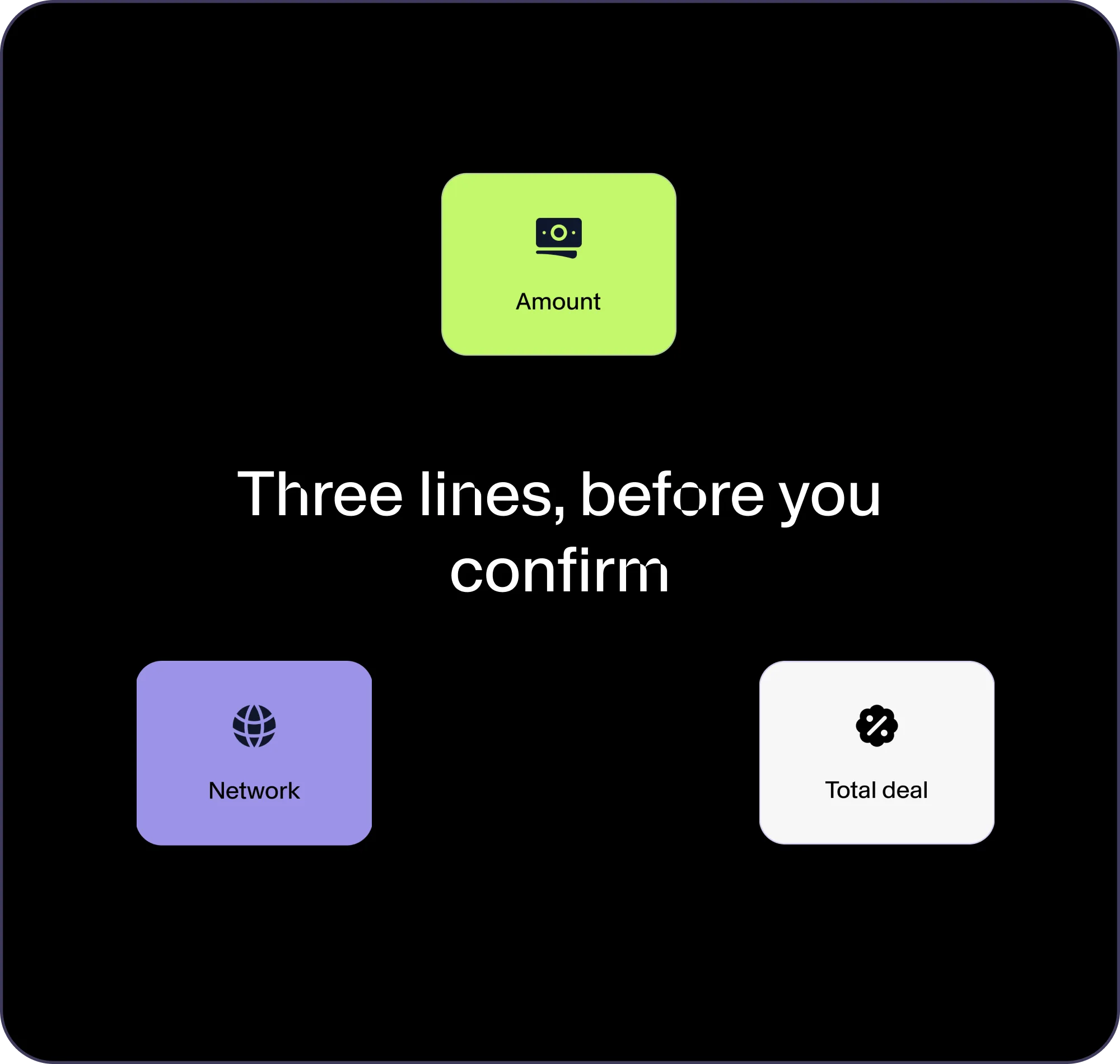 Amount, network and total deal tags before you confirm