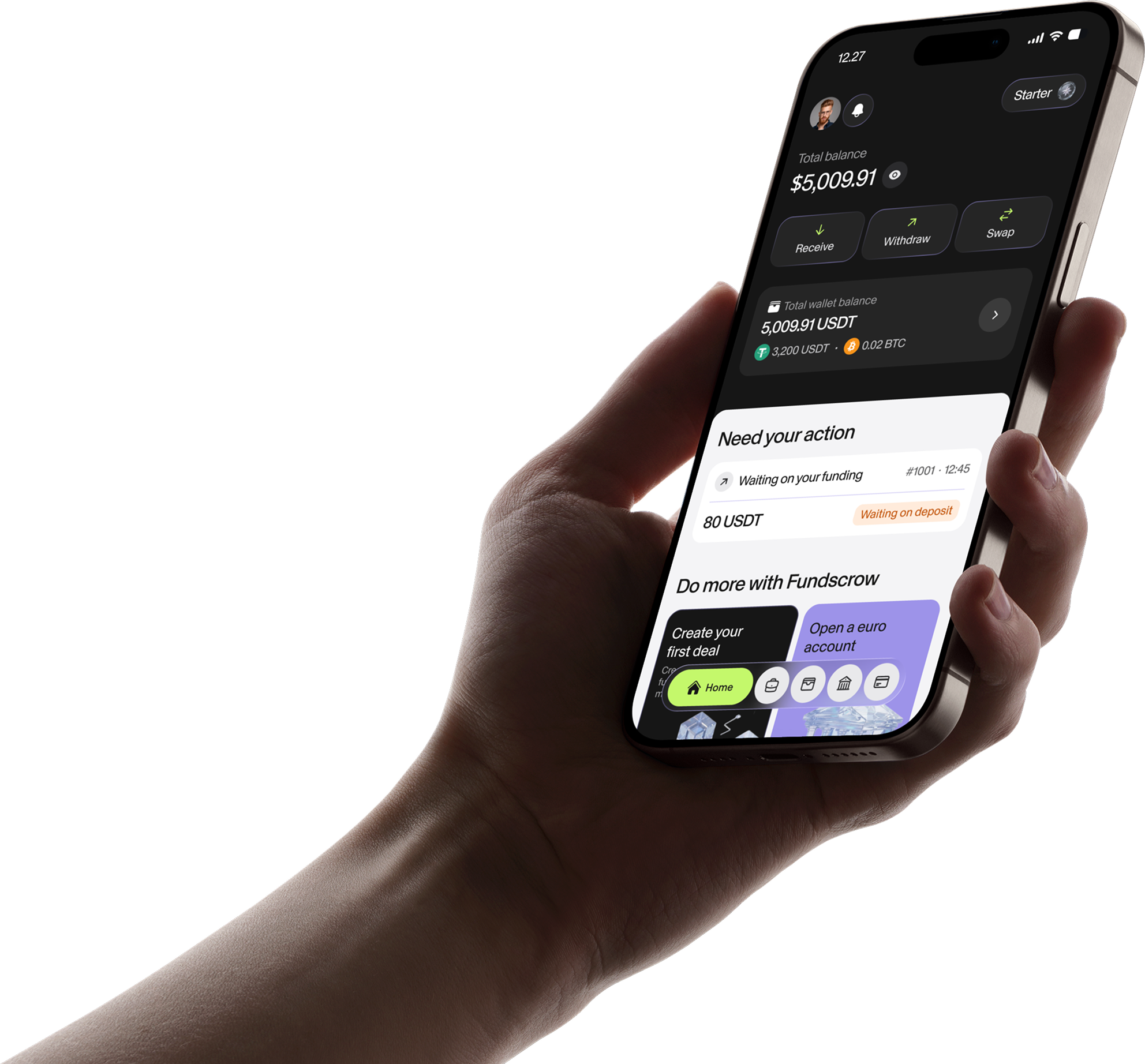 A hand holding the Fundscrow crypto purchase screen