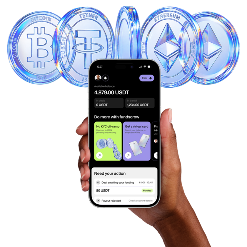 A hand holding the Fundscrow app in front of transparent crypto coins