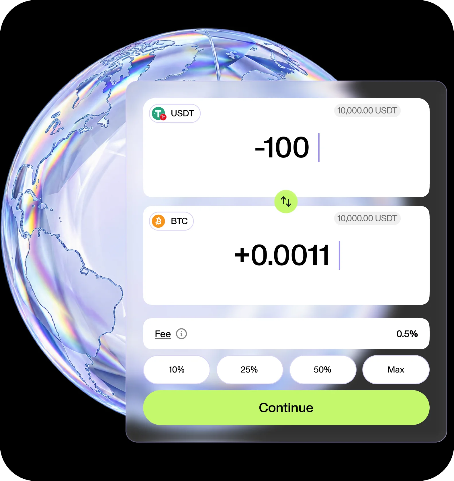 Translucent globe and a Fundscrow crypto swap quote